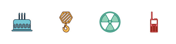 集蛋糕与燃烧的蜡烛，工业钩，放射性和对讲机图标。向量图片下载