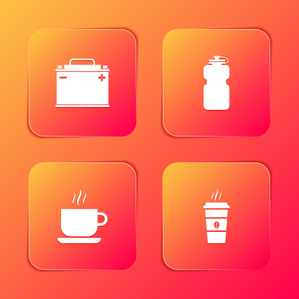 设置汽车电池，运动瓶水，咖啡杯和图标。向量图片下载