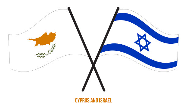 塞浦路斯和以色列旗帜交叉和挥舞扁平风格。官方的比例。正确的颜色。图片下载