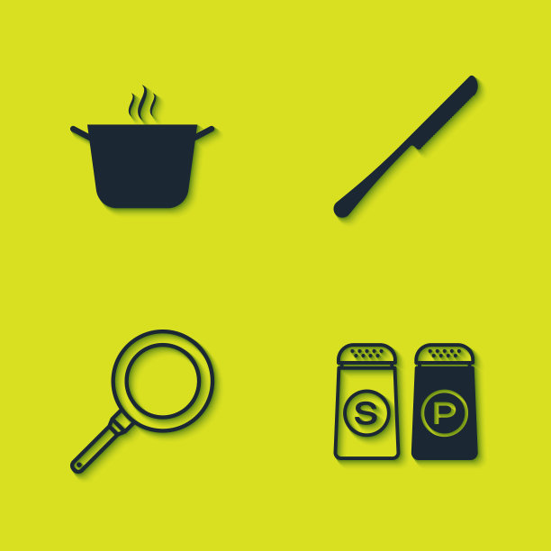 设置烹饪锅，盐和胡椒，煎锅和刀图标。向量图片下载