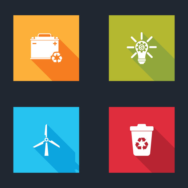 设置汽车电池与回收，灯泡齿轮，风力涡轮机和回收图标。向量图片下载