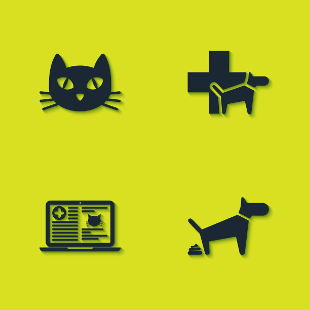 设置猫，狗大便，临床记录猫在笔记本电脑和兽医诊所图标。向量图片下载