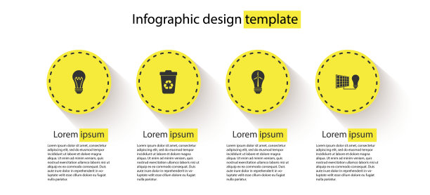 设置电灯泡、回收箱、风力发电机、太阳能板和灯。业务信息模板。向量图片下载