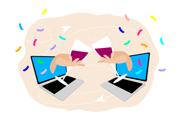 人们一起喝酒。网上聚会，生日聚会，见朋友。在笔记本电脑上视频聊天。庆祝时，碰杯喝红酒。欢呼。图片下载