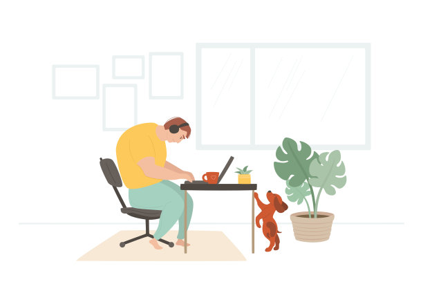 勇敢的年轻人在家里的餐桌旁工作。快乐的自由职业者听音乐。一只棕色的小狗向主人伸出手来。图片下载