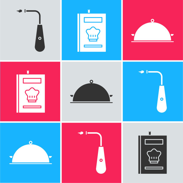 设置长电打火机，烹饪书和覆盖托盘的食物图标。向量图片下载