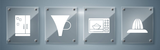 设置柑橘果汁机，微波炉，漏斗或过滤器和冰箱。方形玻璃面板。向量图片下载