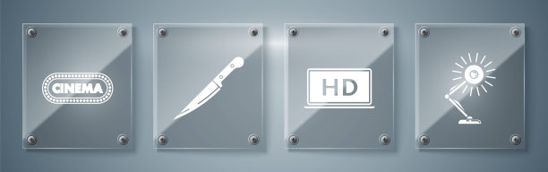 设置台灯，笔记本电脑屏幕与高清视频技术，刀和电影海报设计模板。方形玻璃面板。向量图片下载