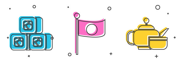 旗杆上印有寿司、日本国旗和日本茶道图标。向量图片下载