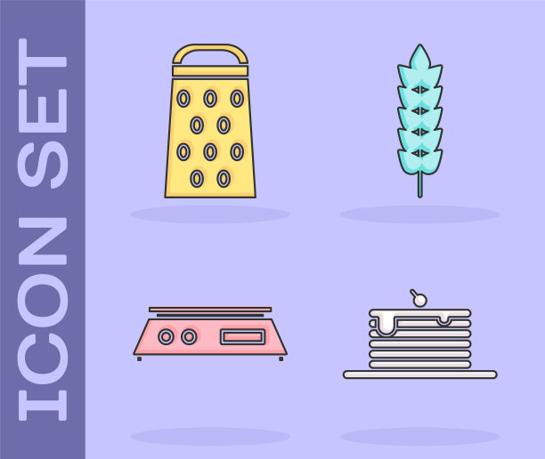 集煎饼，磨碎器，电子秤和大米，小麦，玉米，燕麦，黑麦图标谷物堆栈。向量图片下载