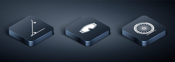 设置等距滑板，自行车轮子和滑雪镜图标。向量图片下载