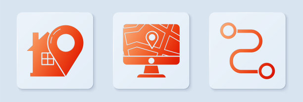 设置监视器和折叠地图与位置，地图指针与房子和路线位置。白色正方形按钮。向量图片下载