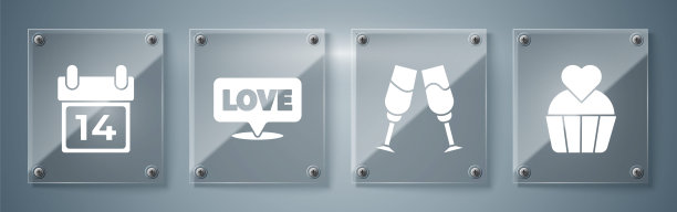 婚礼蛋糕有爱心，香槟有香槟，演讲泡泡有文字的爱，日历有二月十四日。方形玻璃面板。向量图片下载