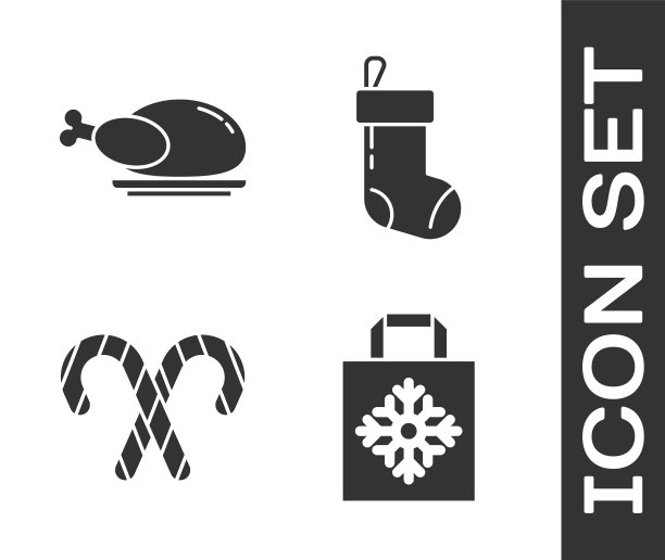 集圣诞纸购物袋，烤火鸡或鸡，圣诞糖果拐杖与条纹和圣诞袜图标。向量图片下载