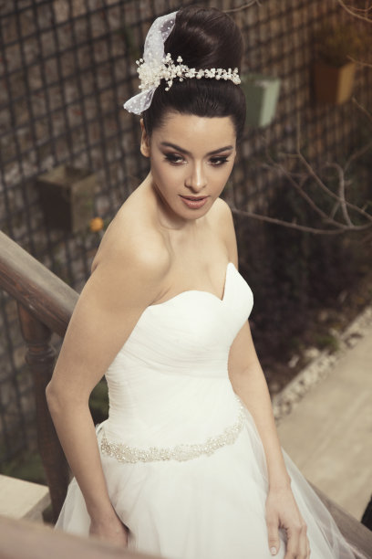 肖像美丽的新娘在婚礼礼服与发髻。图片下载