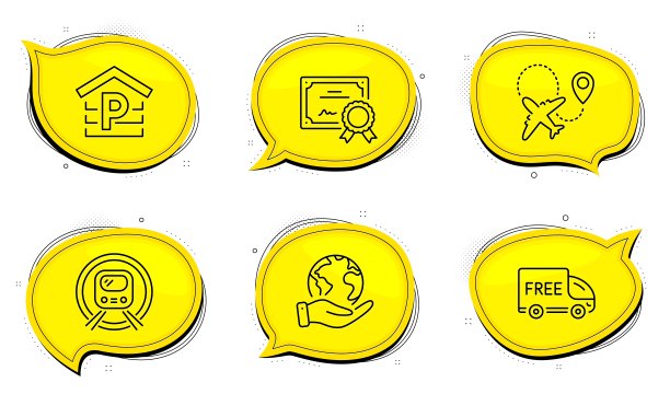 停车，地铁和免费送货图标集。飞机的迹象。车库，地下，购物车。飞机。向量图片下载