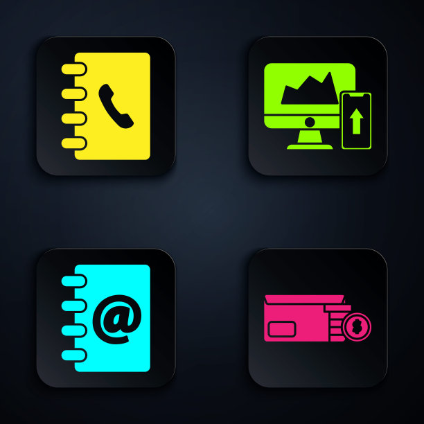 在电脑显示器和手机上设置明亮的体育场灯光、地址簿、地址簿和财务图表。黑色方形按钮。向量图片下载