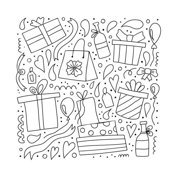 礼物盒子。手绘简单的生日或圣诞节礼物集。可爱的涂鸦彩色盒子与丝带，气球瓶的香槟，矢量线插图着色书图片下载