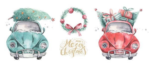 水彩圣诞贺卡运输插图。冬季圣诞树设计圣诞快乐。手绘的新年复古车图片下载