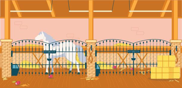 有漂亮的马和干草堆的乡村马厩图片下载