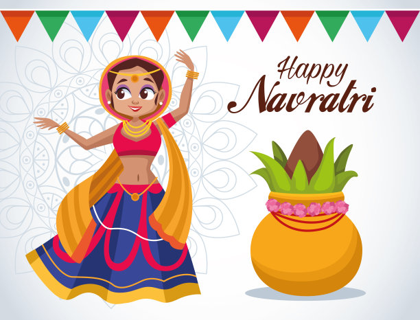 快乐的navratri庆祝卡字母与美丽的女人跳舞图片下载
