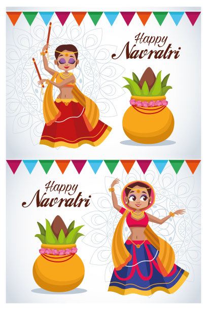 快乐的navratri庆祝卡字母与女孩跳舞图片下载