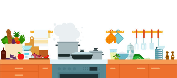 室内现代厨房家具和内置电器矢量插图在一个平面设计。图片下载