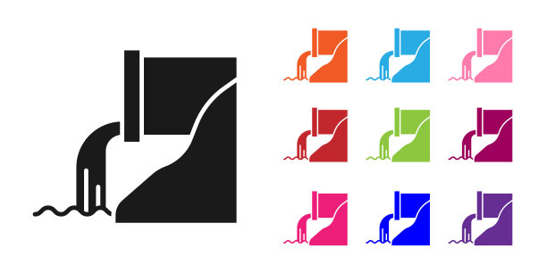 黑色废水图标隔离在白色背景上。污水管。液体从管道流入河里。设置彩色图标。矢量图图片下载