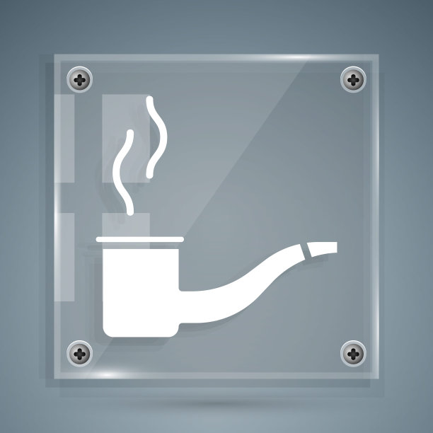 白色烟斗与烟雾图标孤立在灰色背景。烟斗。方形玻璃面板。矢量图图片下载