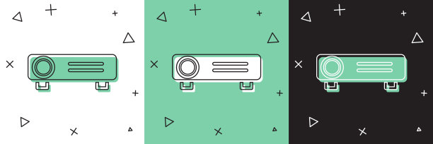 设置演示，电影，电影，媒体投影仪图标孤立在白色和绿色，黑色背景。矢量图图片下载