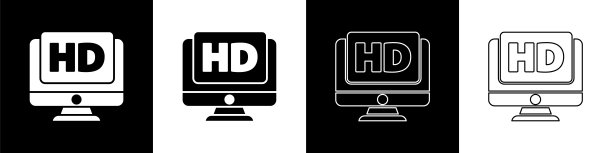 设置电脑PC显示器显示与高清视频技术图标隔离在黑白背景。矢量图图片下载