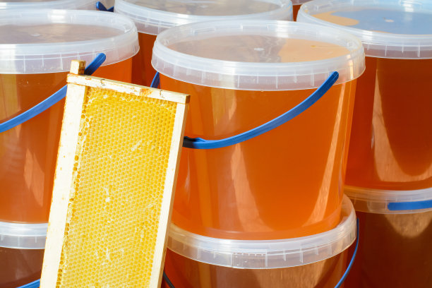 新鲜的金色向日葵蜂蜜在塑料容器秋收后近空蜂蜜框图片下载