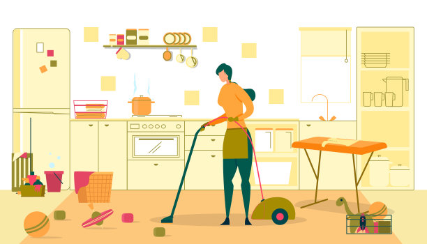妇女用吸尘器打扫家务图片下载