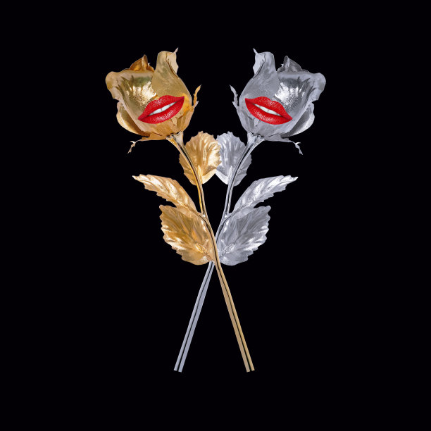 当代拼贴。在黑色的背景上，两朵银色和金色的玫瑰带着嘴唇和微笑。心理学的概念，关系，人，爱。图片下载