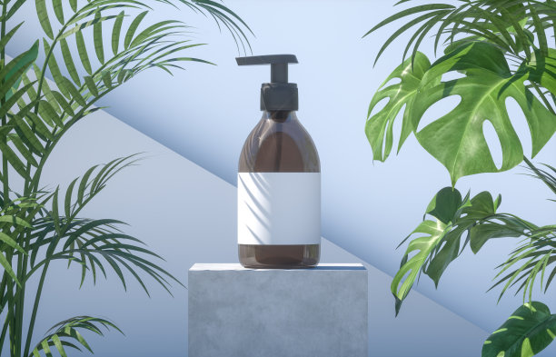 天然化妆品空白瓶容器与热带棕榈叶背景。图片下载