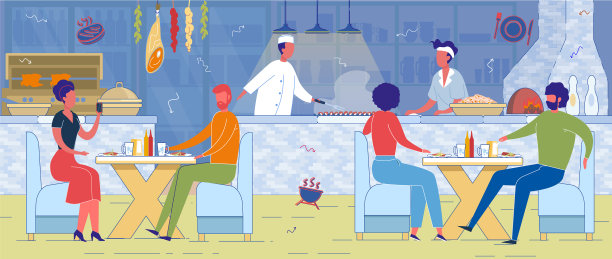 在咖啡馆的开放式厨房里烤制炸香肠图片下载