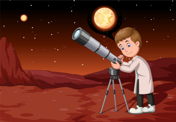英俊的科学家拿着望远镜在火星表面图片下载