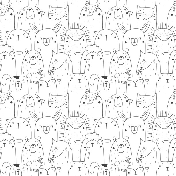 无缝图案与动物涂鸦风格的黑线图片下载