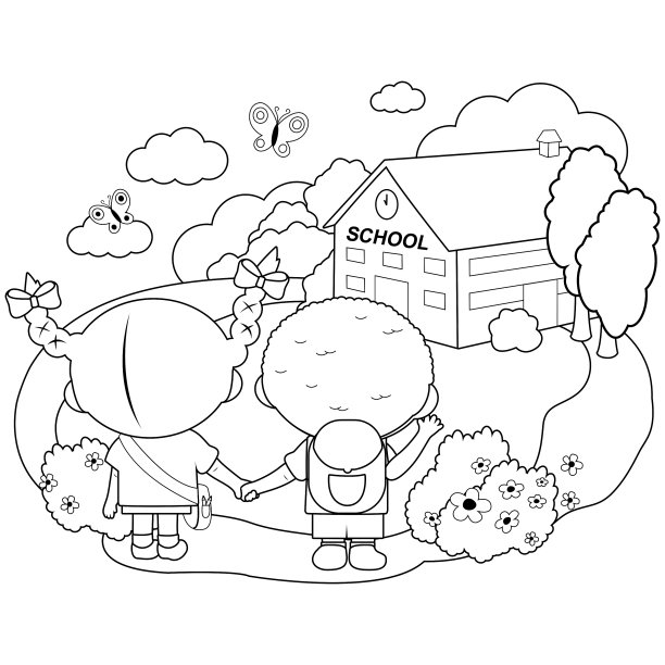 孩子们在学校外面的背影。矢量黑白着色页图片下载