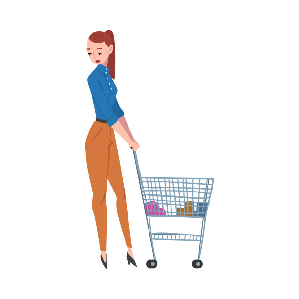 年轻的女人站在购物车，女孩在时尚的衣服在购物中心或超市卡通风格矢量插图在白色的背景图片下载