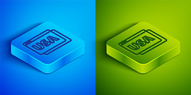 美国的等距线在浏览器图标上隔离在蓝色和绿色背景上。方形按钮。向量图片下载