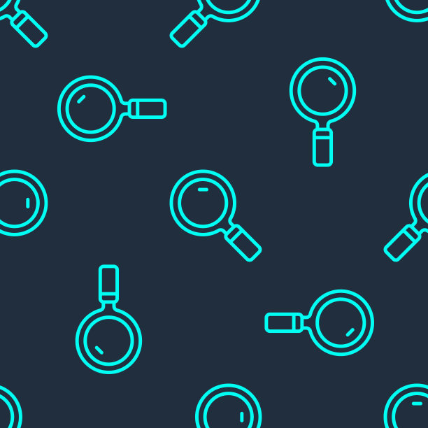 绿线放大镜图标隔离无缝模式上的蓝色背景。搜索，聚焦，缩放，商业符号。向量图片下载