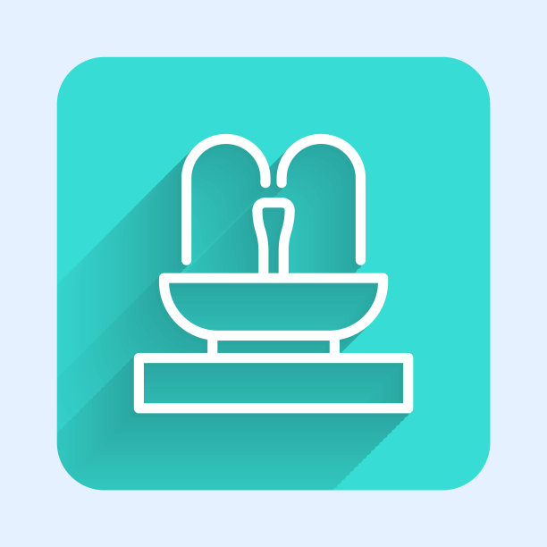 白色线喷泉图标孤立与长阴影。绿色广场按钮。向量图片下载