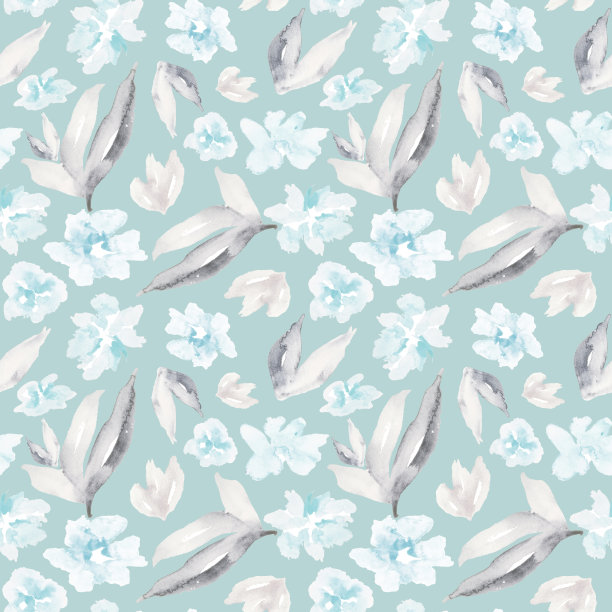 水彩花卉图案在柔和的蓝色和灰色。图片下载
