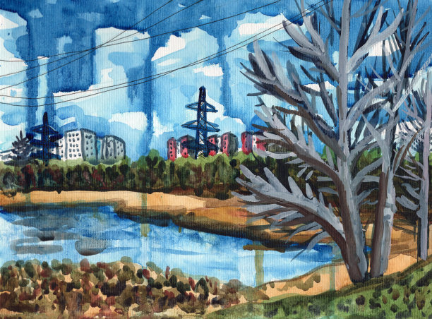 手绘城市草图。水彩画春天或夏天的城市景观。树没有叶子。大城市。小镇。街和户外活动。湖泊或池塘。蓝天碧水。公园和花园。明信片及海报图片下载