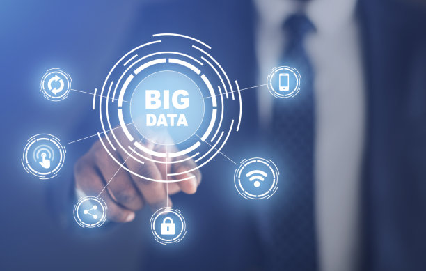 商人用电脑象形图，创造性的拼贴，按下大数据按钮图片下载