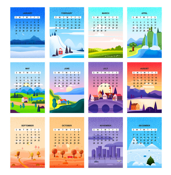 2021日历设置极简的景观自然背景的四季。冬天是仙境，春天是清新的，夏天是炎热的晴天，秋天是落叶的。矢量日历网格最小噪声刷设计4个季节图片下载