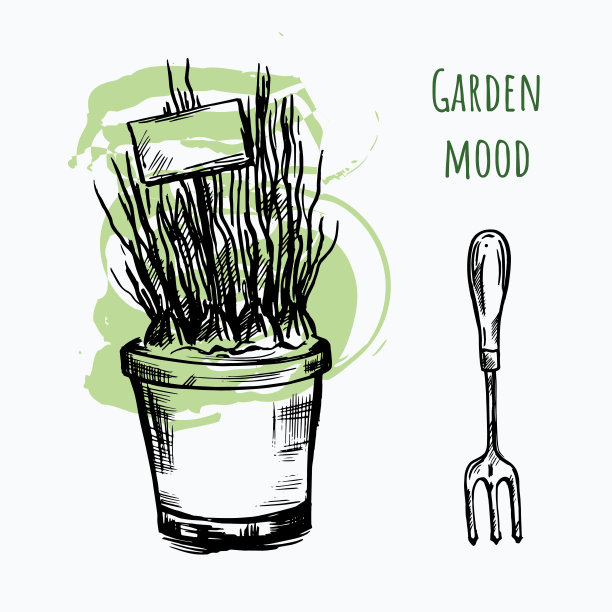 手绘花盆和园艺工具在一个明亮的背景图片下载