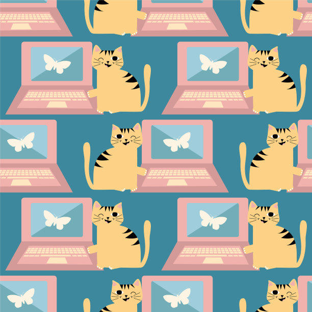 厚脸皮的卡通猫和笔记本无缝连接图片下载