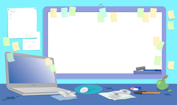 凌乱的办公桌与空白白板矢量插图图片下载